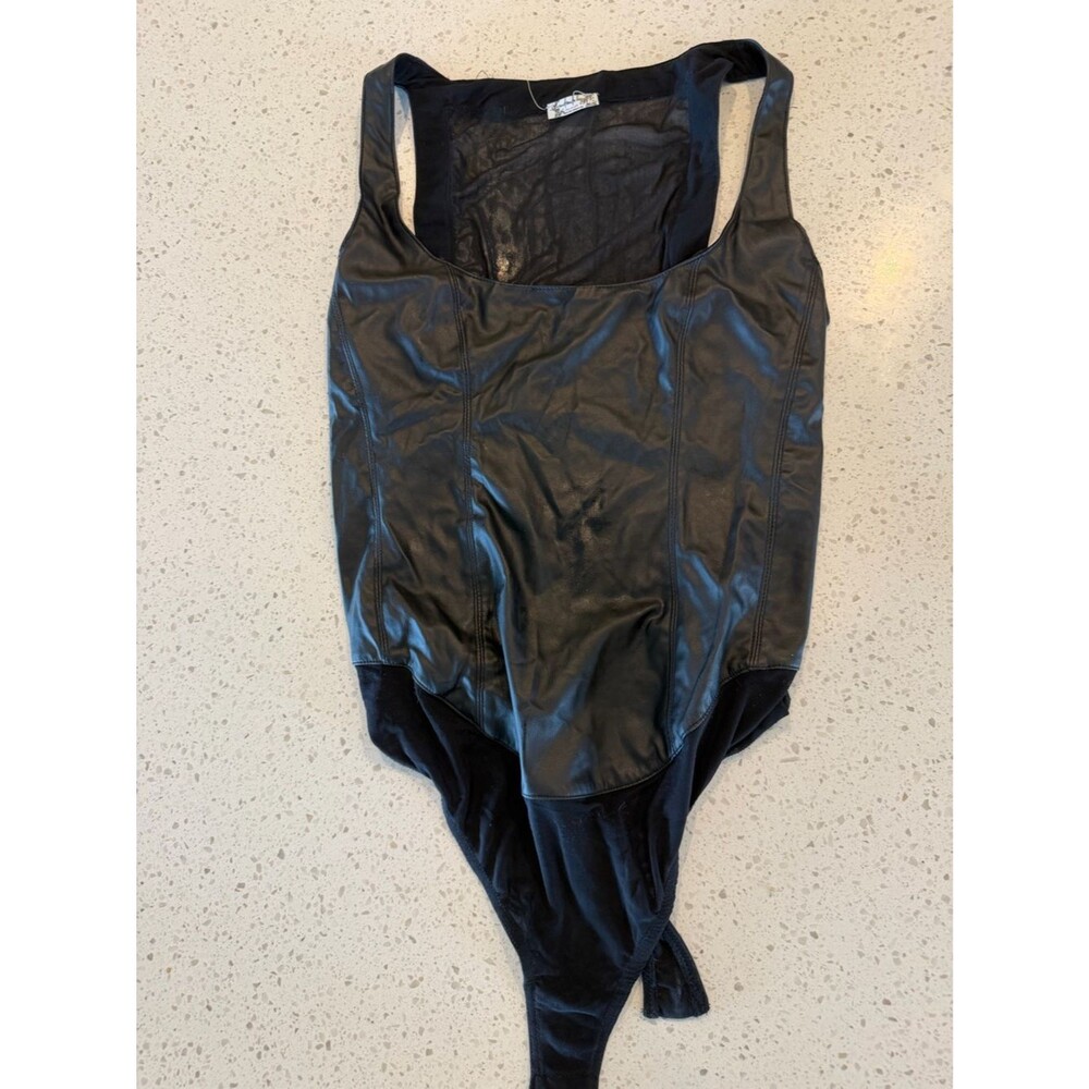 Free People Black Faux Leather Scoop Neck Mesh back Bodysuit S